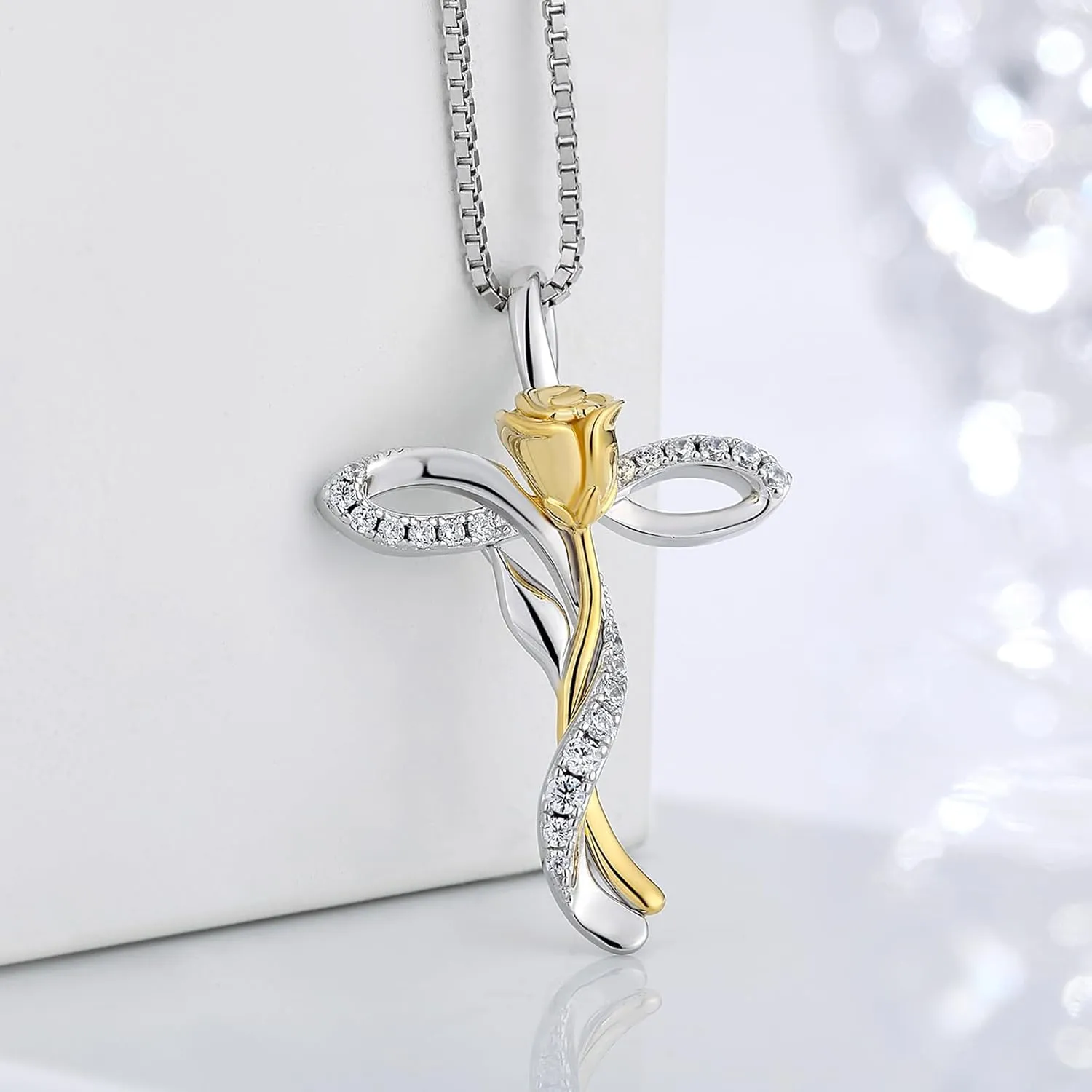Rose Cross Necklace for Women 925 Sterling Silver Infinity Rose Cross Pendant Cubic Zirconia, Cross Jewelry Gift for Women Mom
