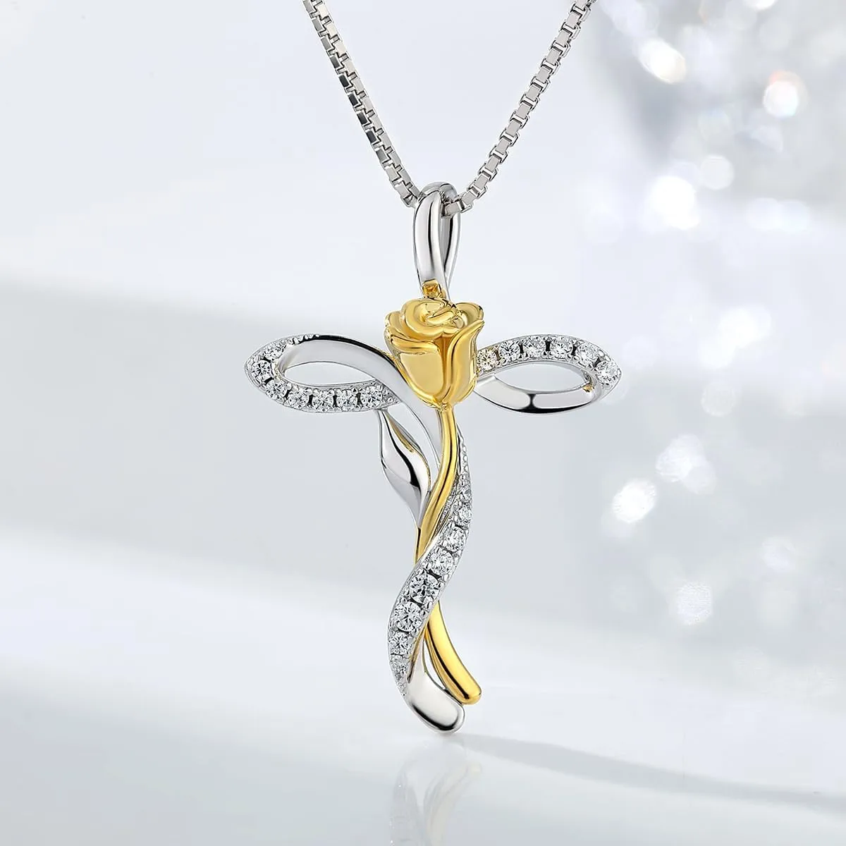 Rose Cross Necklace for Women 925 Sterling Silver Infinity Rose Cross Pendant Cubic Zirconia, Cross Jewelry Gift for Women Mom