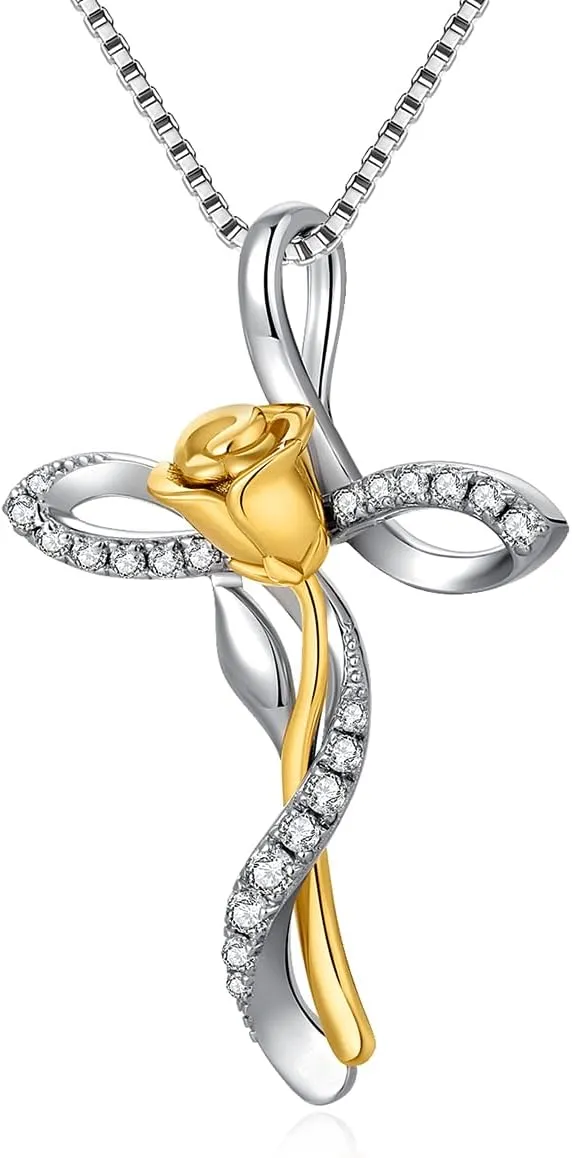 Rose Cross Necklace for Women 925 Sterling Silver Infinity Rose Cross Pendant Cubic Zirconia, Cross Jewelry Gift for Women Mom