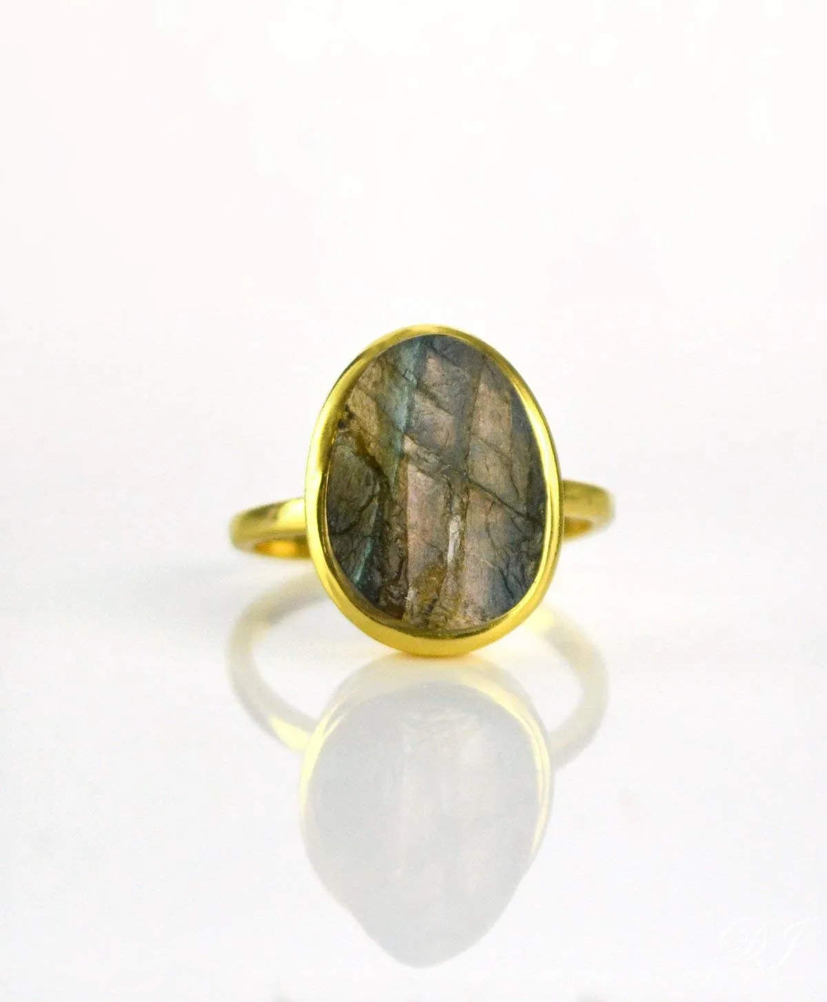 Rough Cut Teardrop Shaped Statement or Stacking Ring, Bezel Set Raw Stone, Sterling Silver or Gold Vermeil (Labradorite)