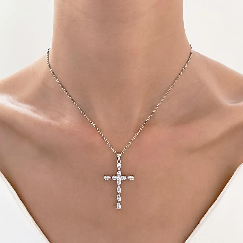 Rrdaily 14K Gold Crystal Cross Pendant Necklaces, Shining Exquisite Faith Lucky Thin Chain Necklaces, Adjustable Statement Jewelry Gifts for Women Teen Girls