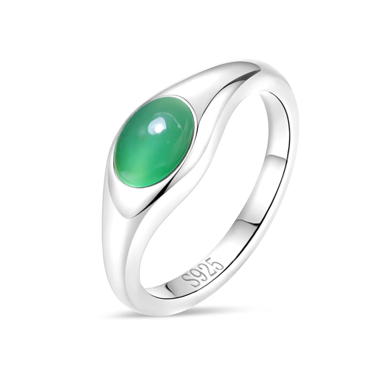 Silver Natural Oval Green Agate Stone Ring,Cute Dainty Simple Classic Plain 925 Sterling Silver Real Crystal Quartz Gemstone Statement Ring for Women Her (A06_Green Agate, 10)