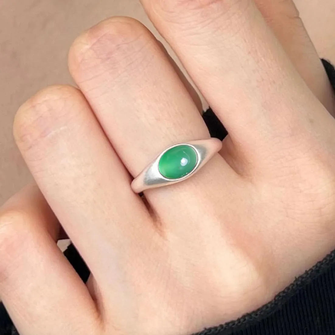 Silver Natural Oval Green Agate Stone Ring,Cute Dainty Simple Classic Plain 925 Sterling Silver Real Crystal Quartz Gemstone Statement Ring for Women Her (A06_Green Agate, 10)
