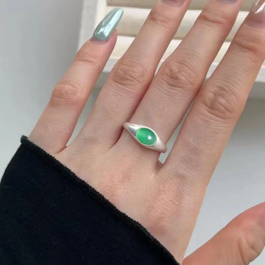 Silver Natural Oval Green Agate Stone Ring,Cute Dainty Simple Classic Plain 925 Sterling Silver Real Crystal Quartz Gemstone Statement Ring for Women Her (A06_Green Agate, 10)