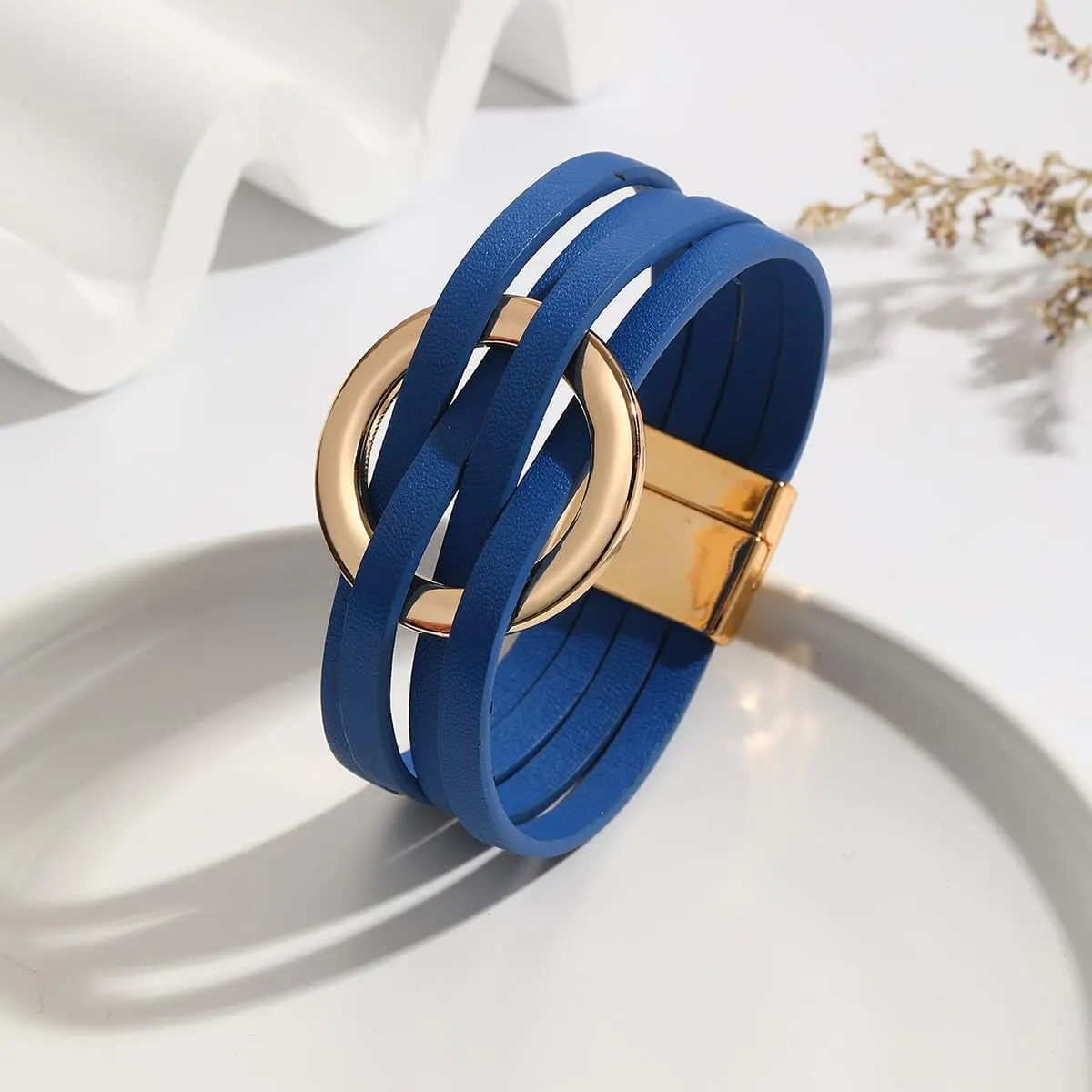 Simple Boho Circle Charm Leather Wrap Bracelet Handmade Layered Cuff Bracelets Bohemian Multi Bangle Bracelets Holiday Jewelry Gift for Women