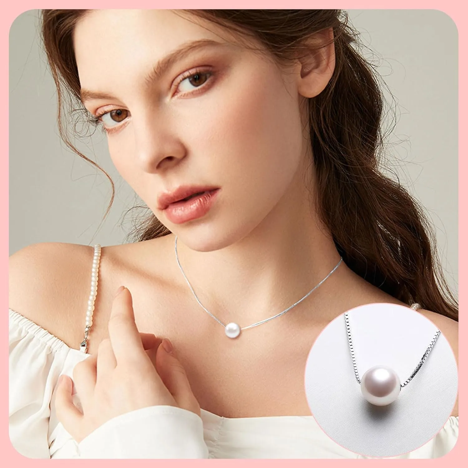 Single Pearl Necklace for Women Sterling Silver Floating Pearl Necklace Choker as Everyday Wear Jewelry for Birthday Gift Back to School Gifts Wedding Gift,Handmade Choker Necklaces for Women Girls