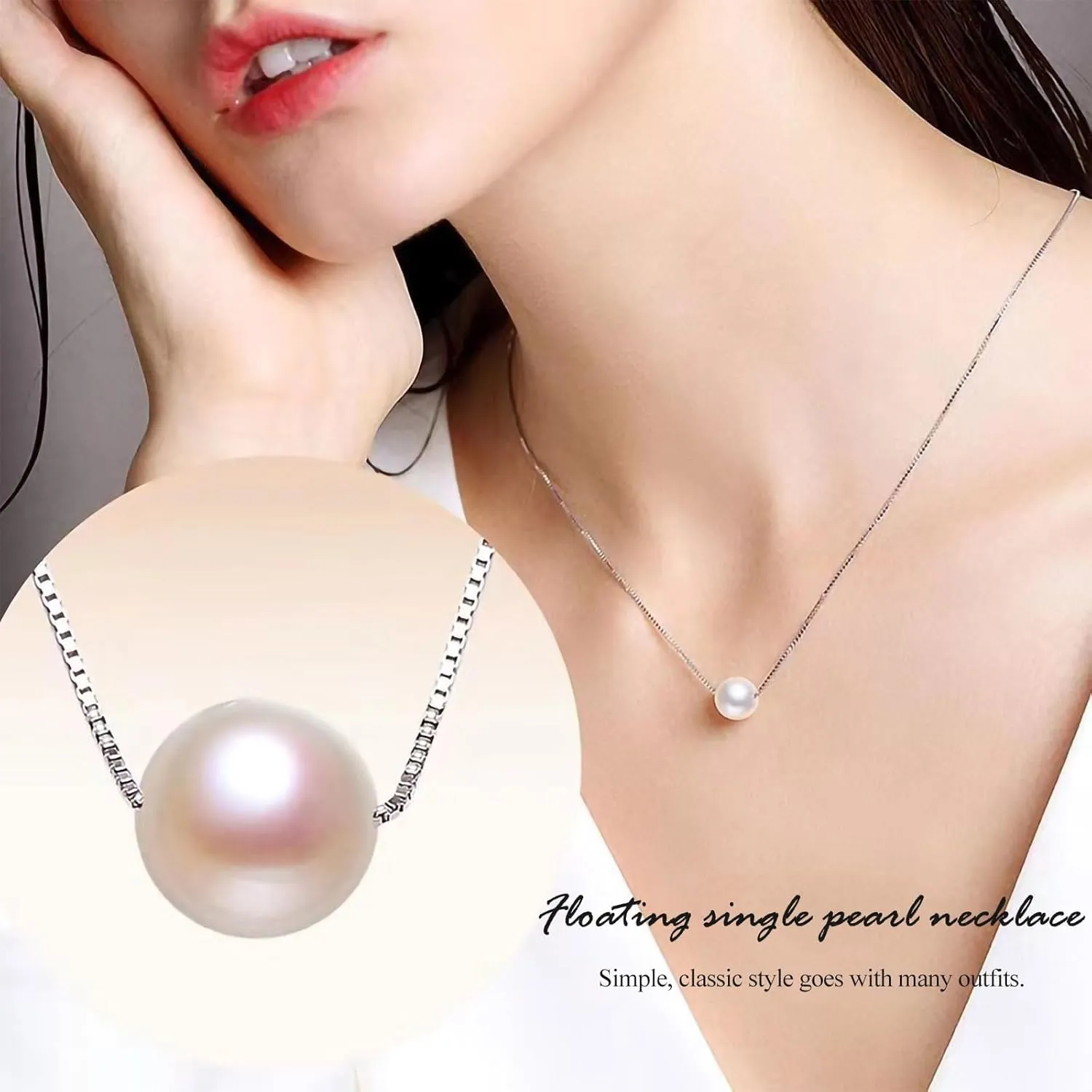 Single Pearl Necklace for Women Sterling Silver Floating Pearl Necklace Choker as Everyday Wear Jewelry for Birthday Gift Back to School Gifts Wedding Gift,Handmade Choker Necklaces for Women Girls