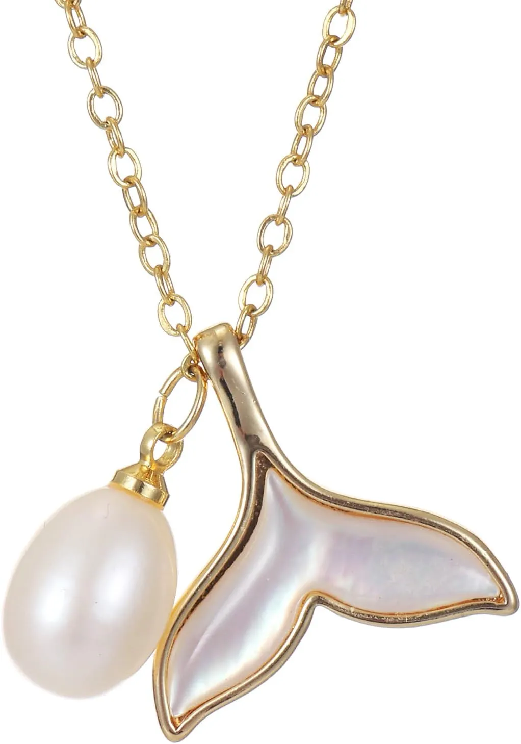 Single Pearl Necklaces for Women 14K Gold Plated 8MM Freshwater Pearl Pendant Necklace with Whale Tail Pendant