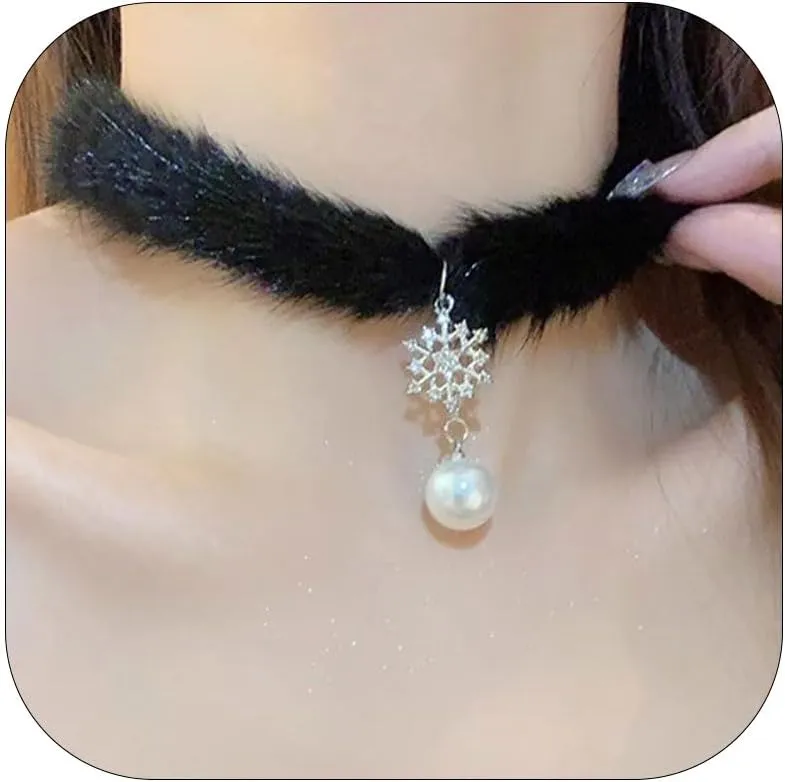 Snowflake Necklace Christmas Necklace Snowflake Pearl Pendant Choker Necklaces Christmas Gifts for Women
