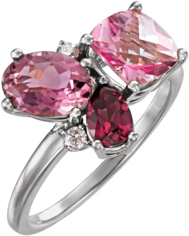 Solid 14k White Gold Multi-Gemstone and .05 Cttw Diamond Cluster Ring Band (Width = 12.2mm) - Size 6.5