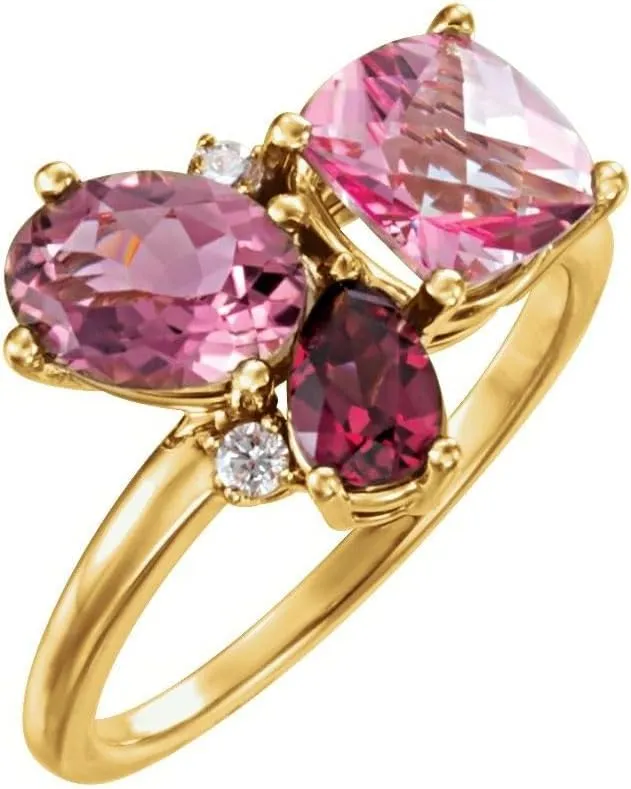 Solid 14k Yellow Gold Multi-Gemstone and .05 Cttw Diamond Cluster Ring Band (Width = 12.2mm) - Size 9
