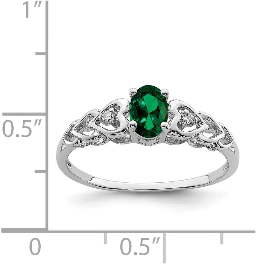 Solid 925 Sterling Silver Created Emerald Green May Gemstone and Diamond Engagement Ring (.02 cttw.)