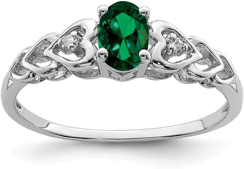 Solid 925 Sterling Silver Created Emerald Green May Gemstone and Diamond Engagement Ring (.02 cttw.)
