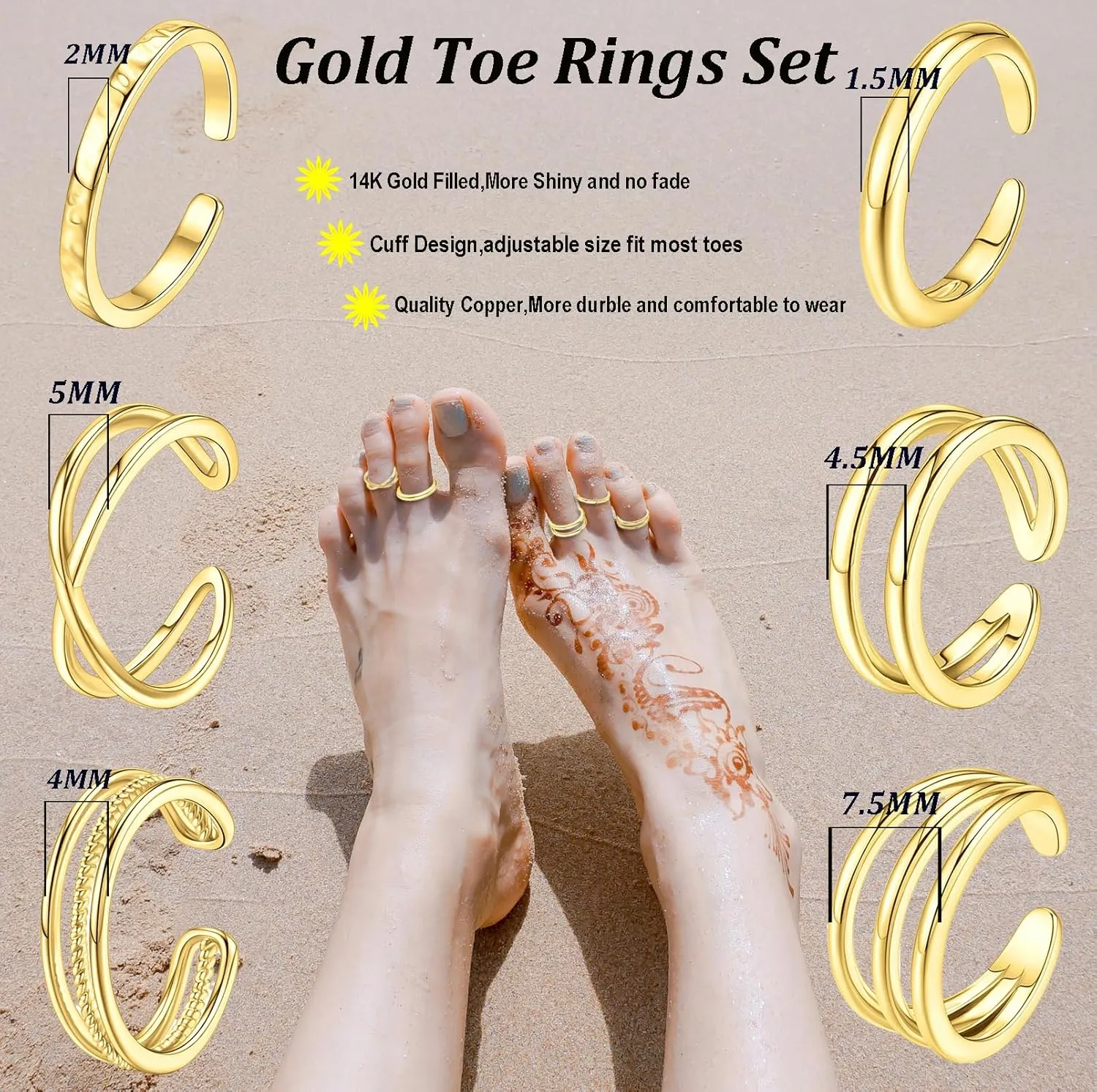 SONNYX Toe Rings for Women 14K Gold Silver Toe Ring Non Tarnish Adjustable Simple Open Band Toe Rings Summer Beach Foot Jewelry for Women