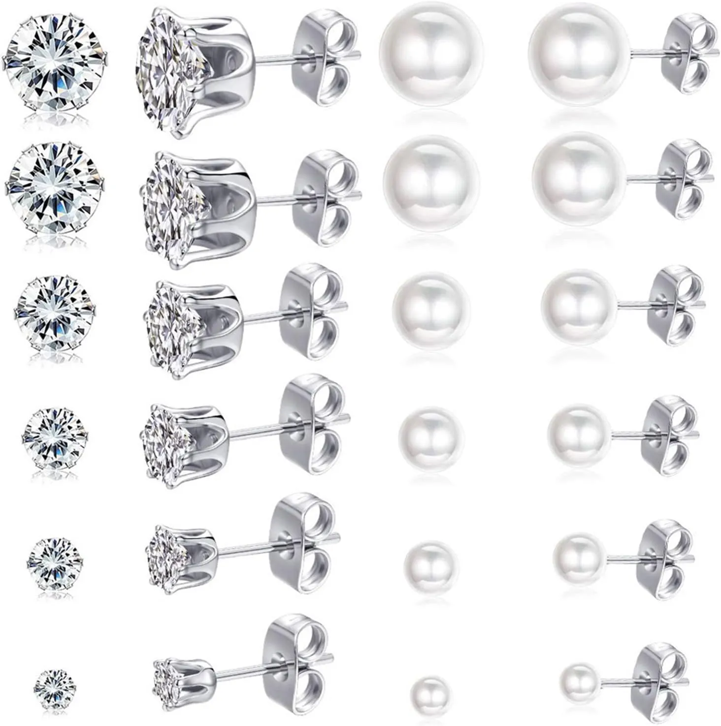 Spiritlele Cubic Zirconia Pearl Ball Stud Earrings Set 3-8mm Assorted CZ Stud Earrings for Women