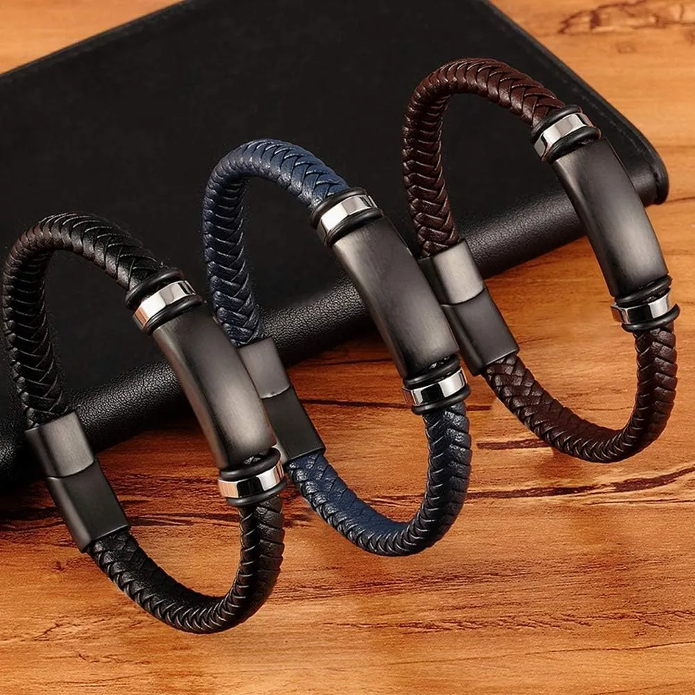 Stainless Steel Black Matte Metal Charm Men's Handmade Braided Real Leather Bracelet with Clasp K74QR (Brown-19cm)