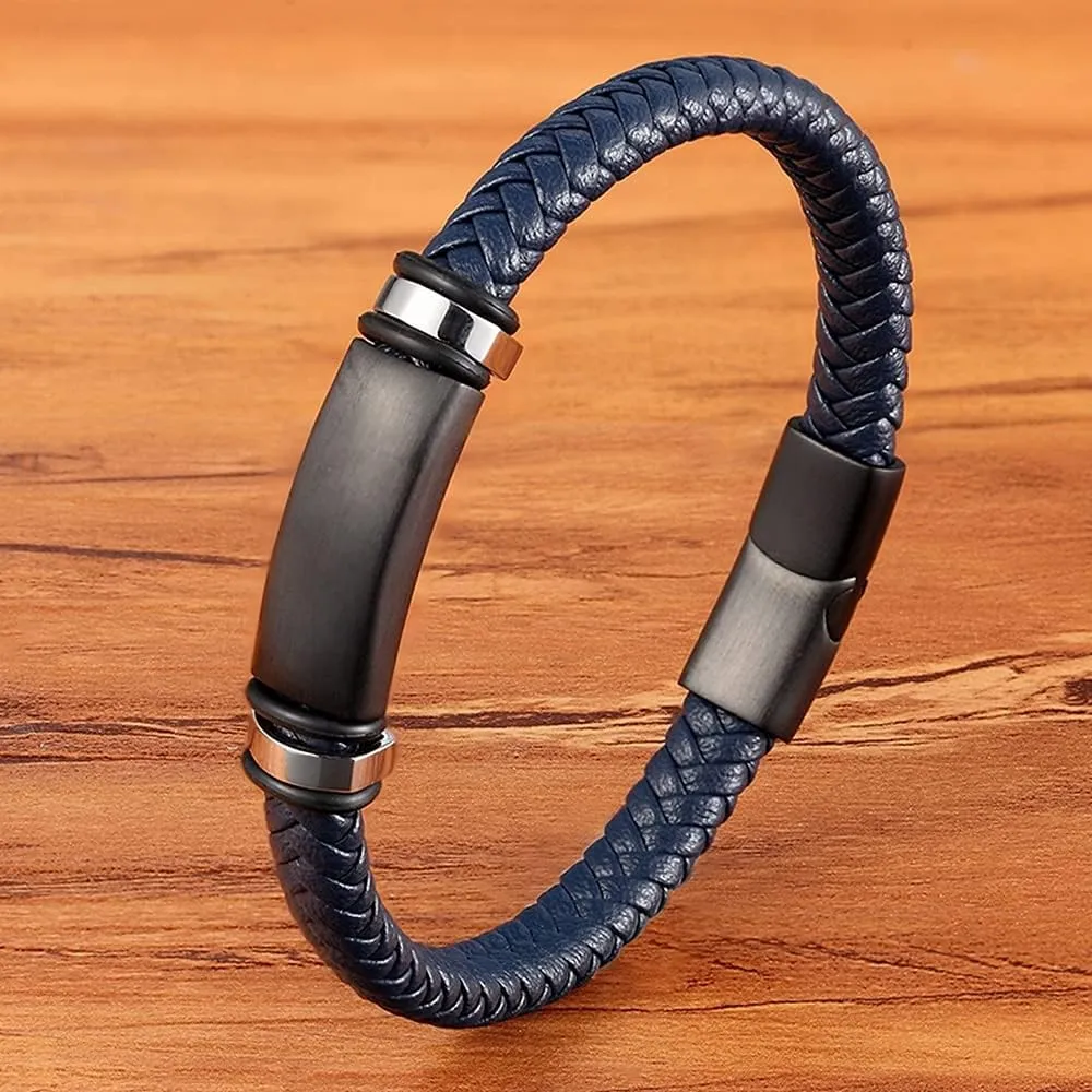 Stainless Steel Black Matte Metal Charm Men's Handmade Braided Real Leather Bracelet with Clasp K74QR (Brown-19cm)