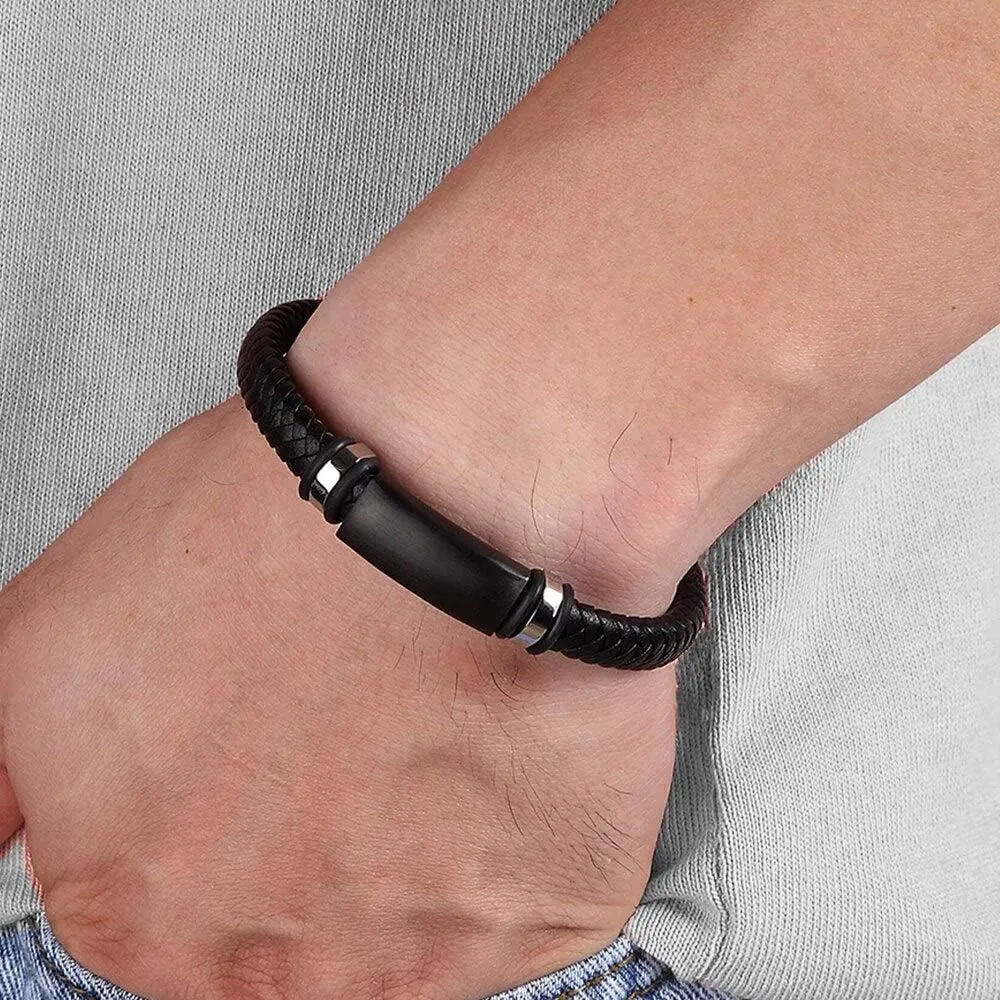 Stainless Steel Black Matte Metal Charm Men's Handmade Braided Real Leather Bracelet with Clasp K74QR (Brown-19cm)