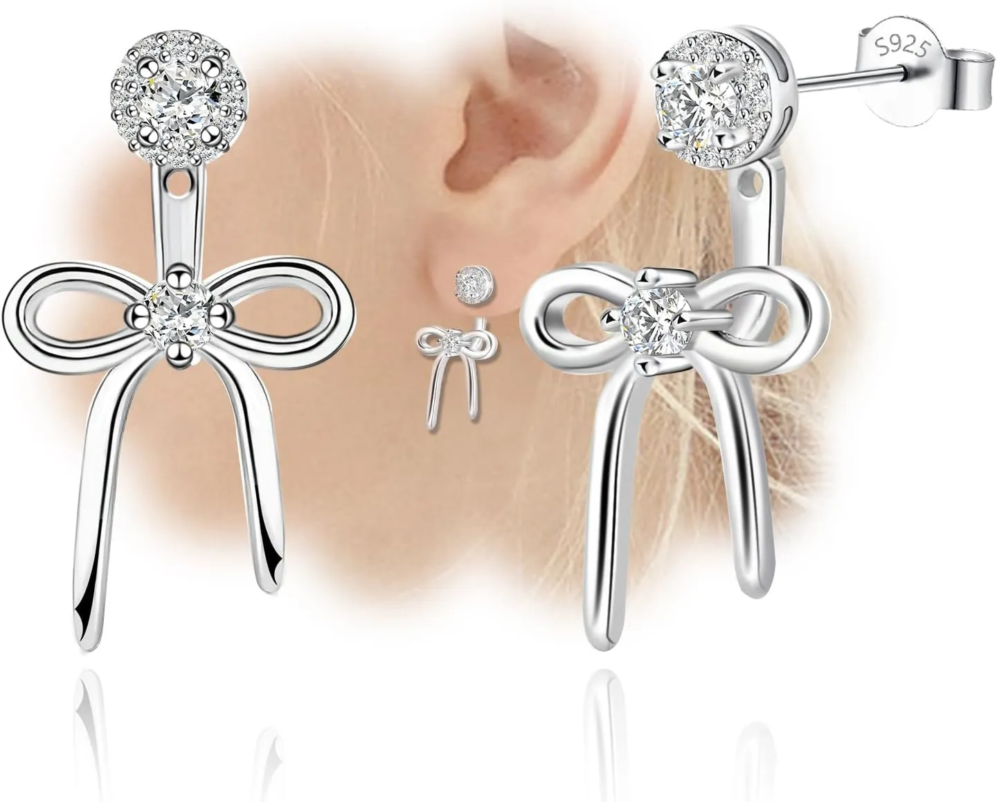 Sterling Silver Bow Stud Earrings with Round Cubic Zirconia for Women Trendy Hypoallergenic Gorgeous Earrings for Women Fashion Jewelry Gifts