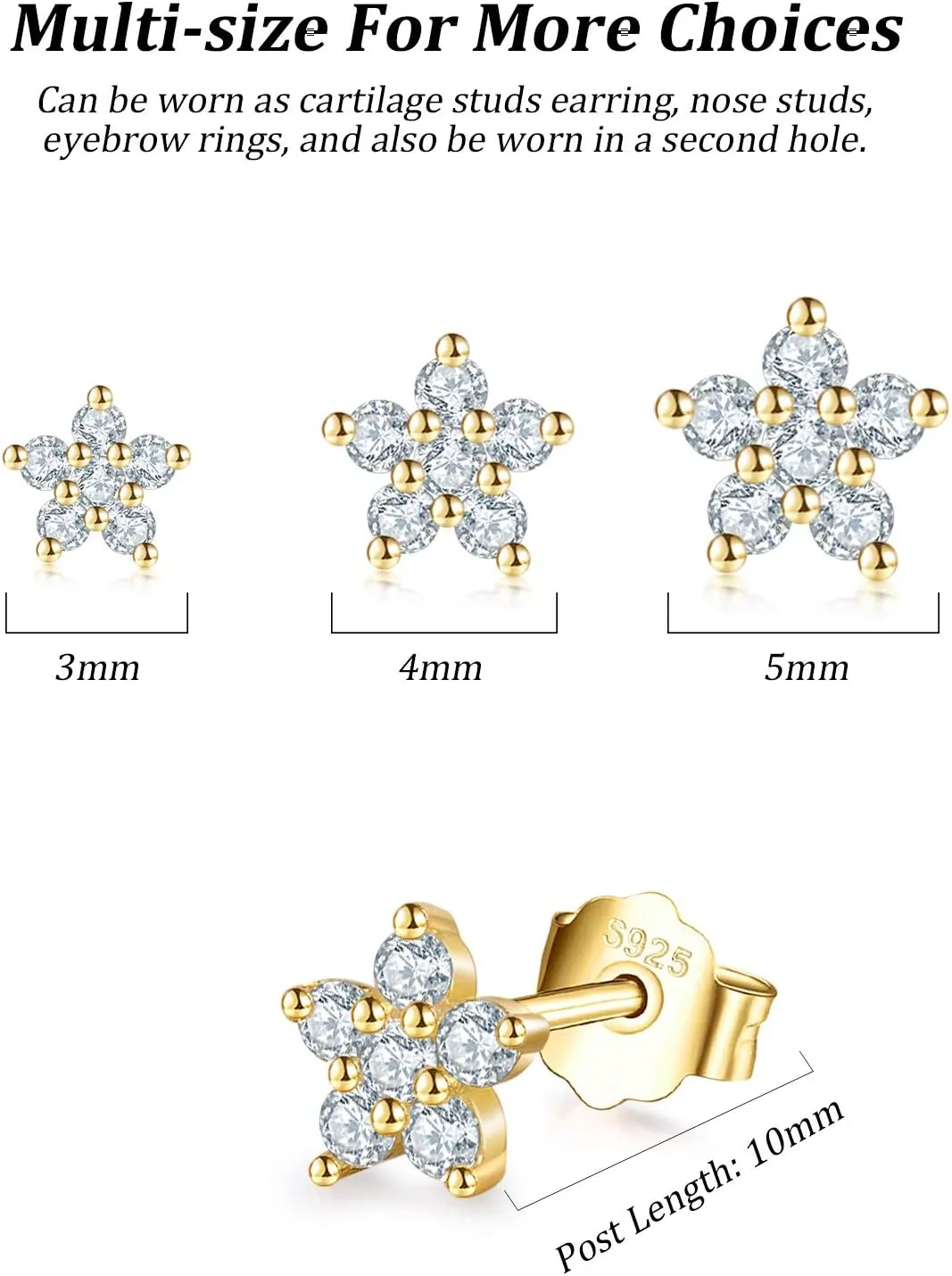 Sterling Silver Stud Earrings for Women, Tiny Flower Earrings Set, Small Cubic Zirconia Helix Earrings Dainty Tragus Cartilage Studs Cherry Blossom Ear Piercing Jewelry Gifts for Teens