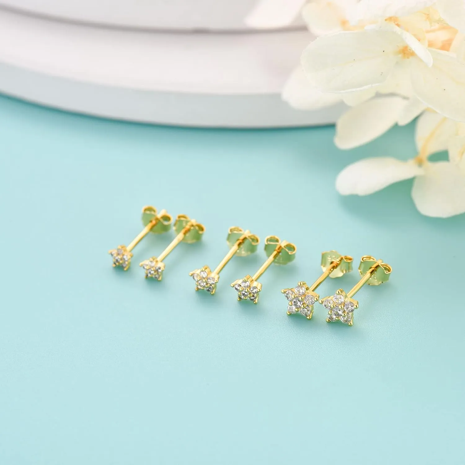 Sterling Silver Stud Earrings for Women, Tiny Flower Earrings Set, Small Cubic Zirconia Helix Earrings Dainty Tragus Cartilage Studs Cherry Blossom Ear Piercing Jewelry Gifts for Teens