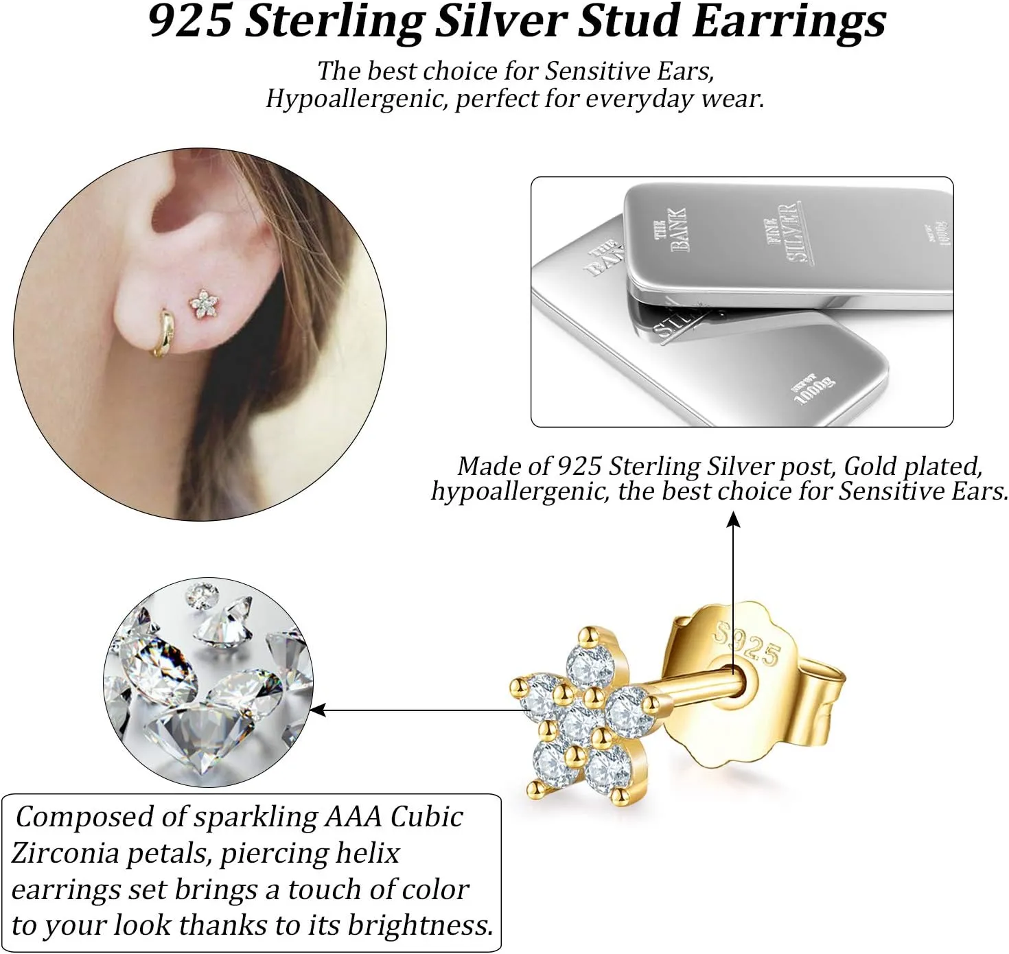Sterling Silver Stud Earrings for Women, Tiny Flower Earrings Set, Small Cubic Zirconia Helix Earrings Dainty Tragus Cartilage Studs Cherry Blossom Ear Piercing Jewelry Gifts for Teens