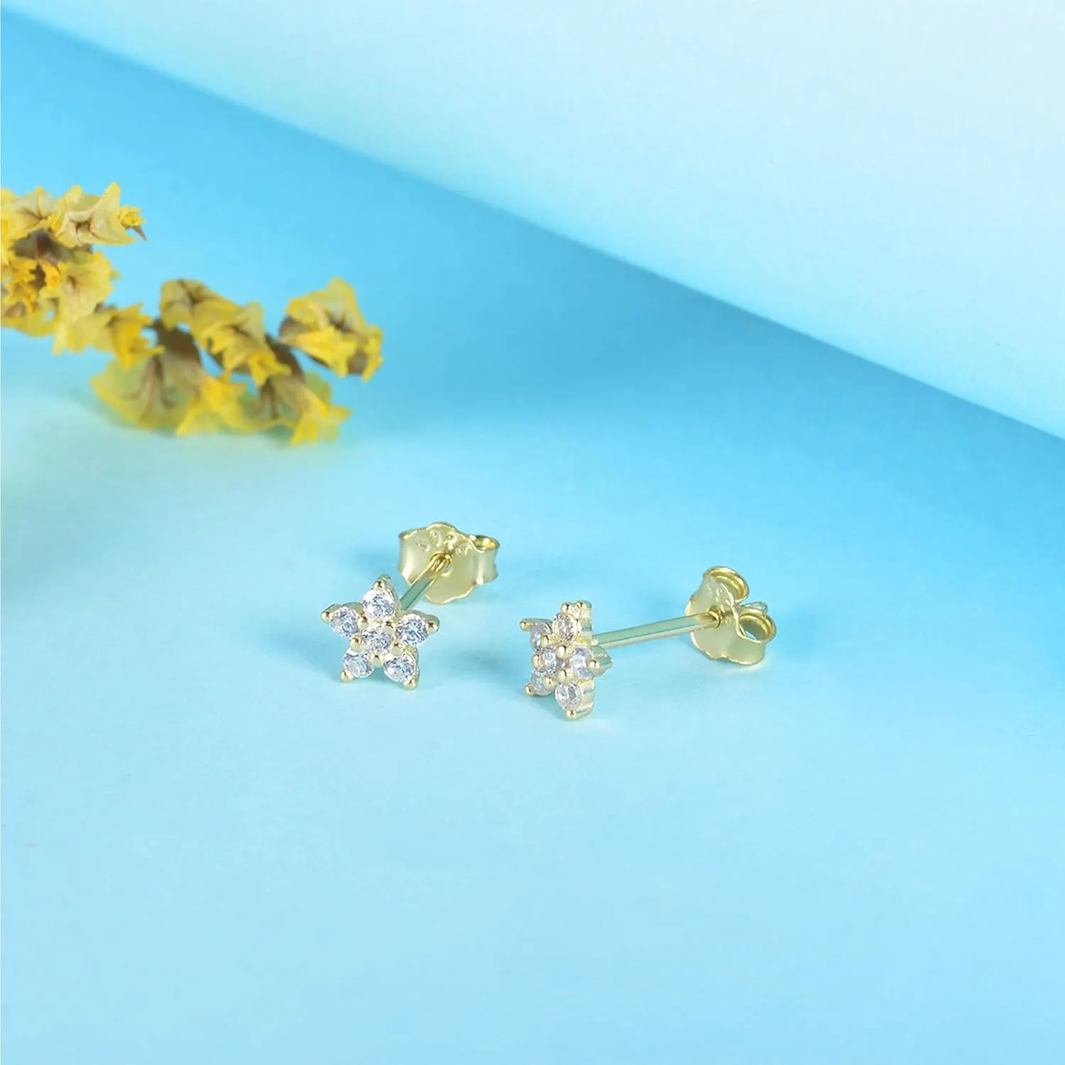 Sterling Silver Stud Earrings for Women, Tiny Flower Earrings Set, Small Cubic Zirconia Helix Earrings Dainty Tragus Cartilage Studs Cherry Blossom Ear Piercing Jewelry Gifts for Teens