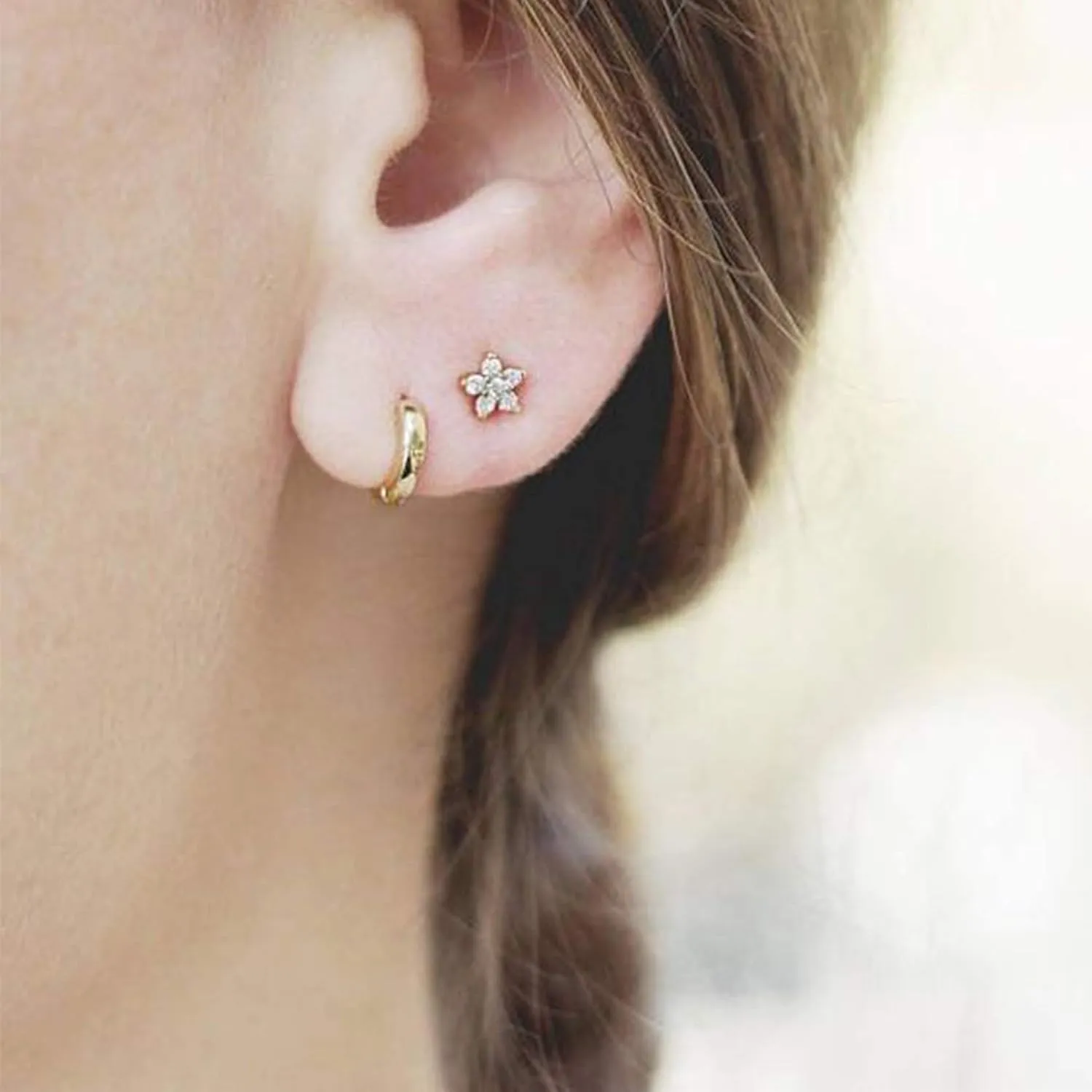 Sterling Silver Stud Earrings for Women, Tiny Flower Earrings Set, Small Cubic Zirconia Helix Earrings Dainty Tragus Cartilage Studs Cherry Blossom Ear Piercing Jewelry Gifts for Teens