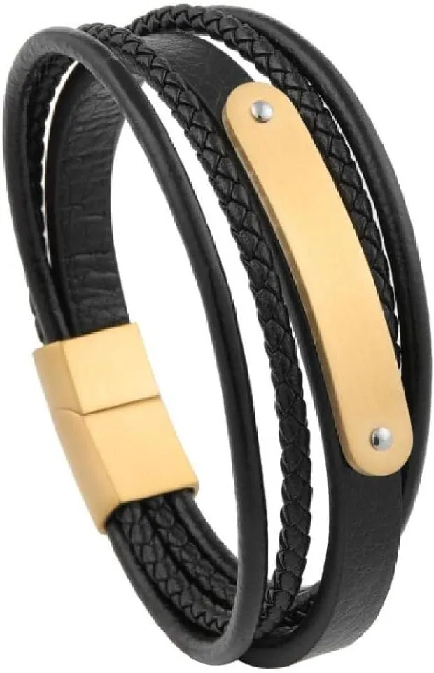 Stylish Stainless Steel Men's Woven Leather Bracelets 20.5cm /Black
