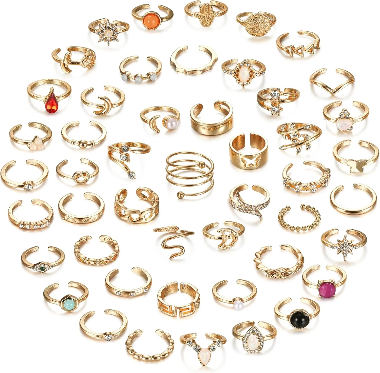 Subiceto 48Pcs Open Toe Rings Set for Women Men Adjustable Vintage Retro Knuckle Ring Bohemian Toe Finger Tail Ring Summer Beach Foot Jewelry Silver Gold