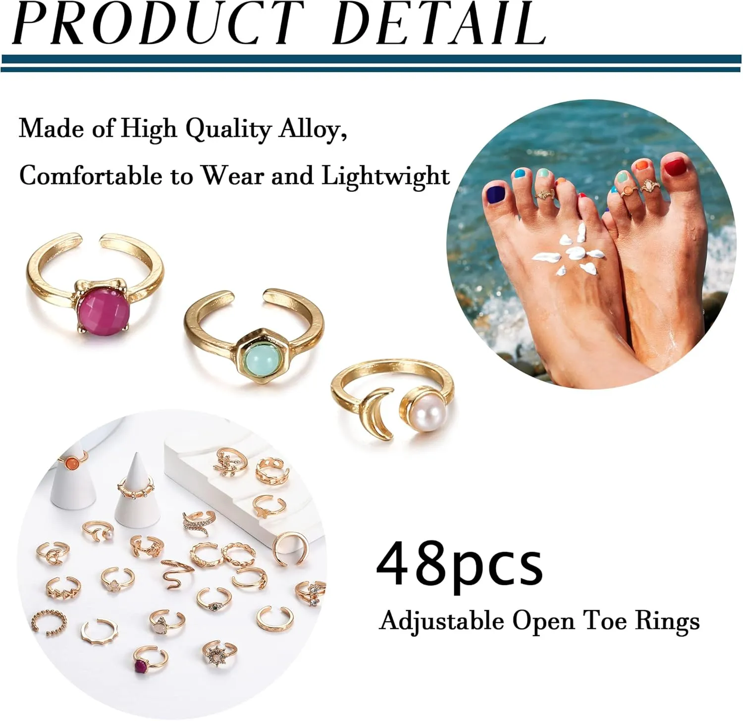 Subiceto 48Pcs Open Toe Rings Set for Women Men Adjustable Vintage Retro Knuckle Ring Bohemian Toe Finger Tail Ring Summer Beach Foot Jewelry Silver Gold