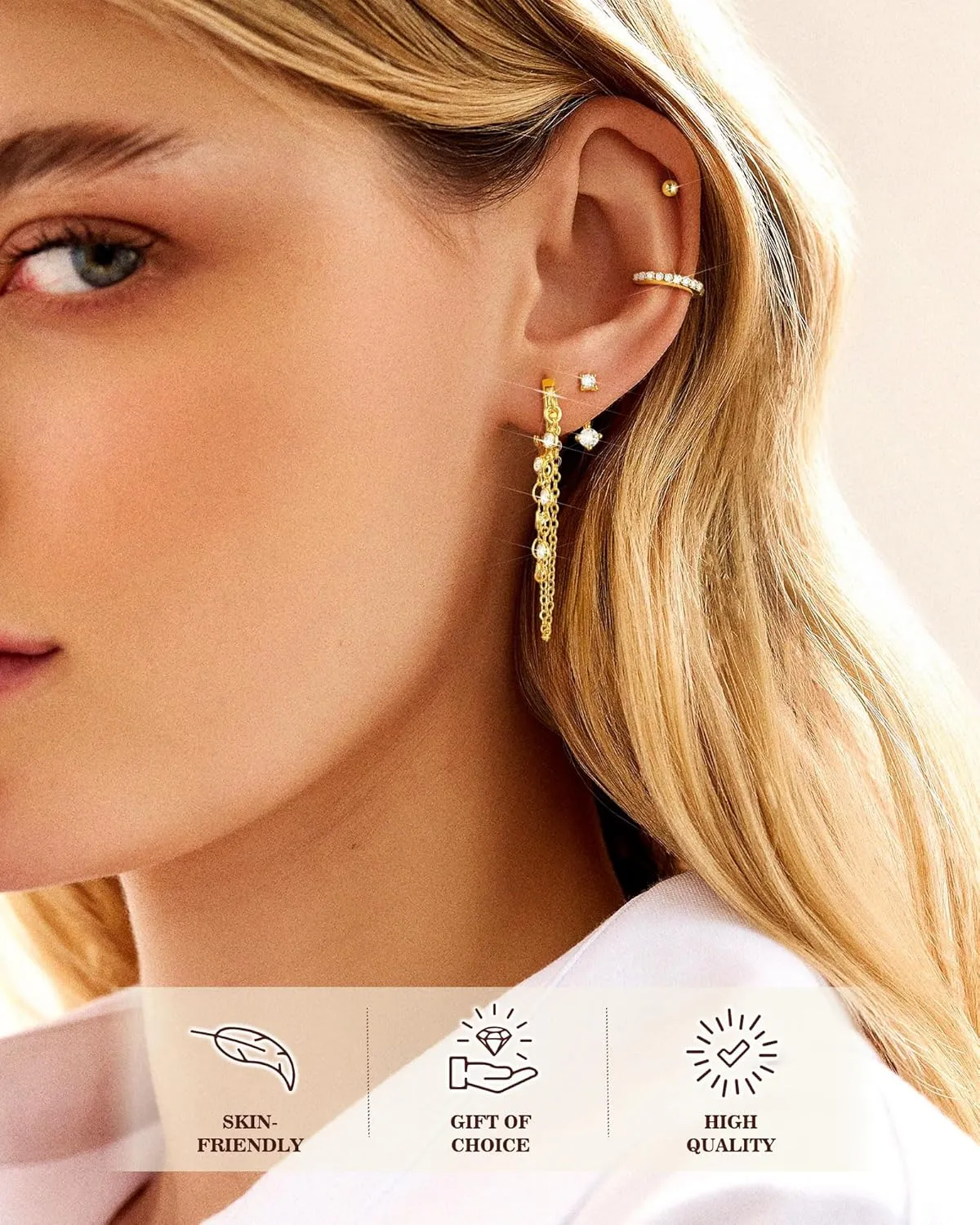 Tassel Chain Small Gold Hoop Dangle Earring For Women Huggie Earring Heart Star CZ 14K Gold Plated Fashion Jewelry Friendship Gift