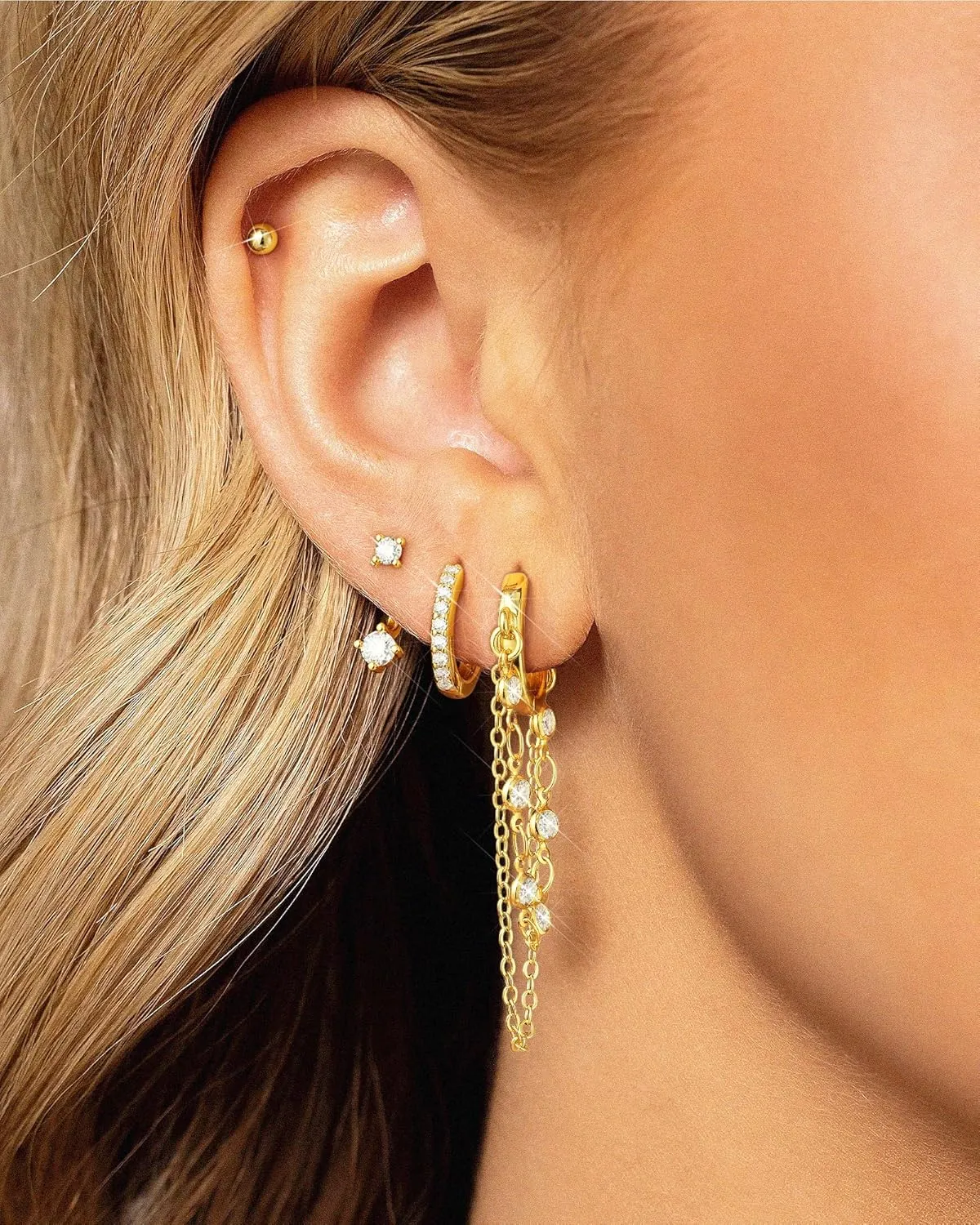 Tassel Chain Small Gold Hoop Dangle Earring For Women Huggie Earring Heart Star CZ 14K Gold Plated Fashion Jewelry Friendship Gift