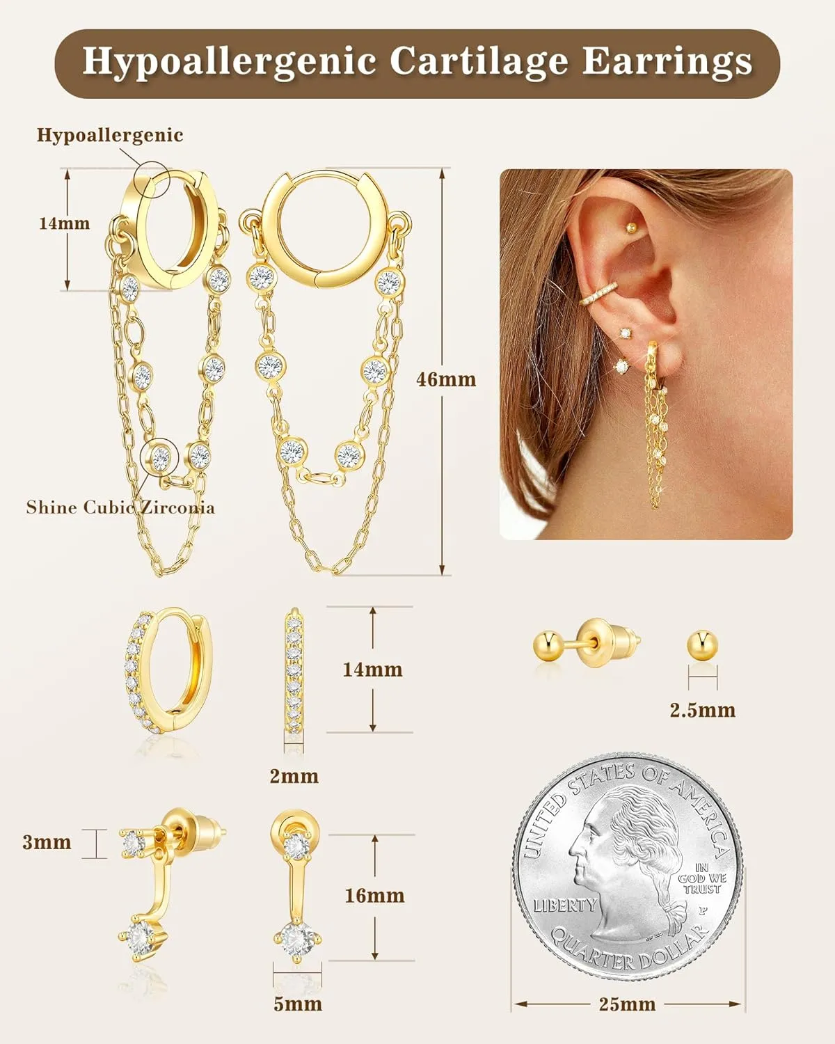 Tassel Chain Small Gold Hoop Dangle Earring For Women Huggie Earring Heart Star CZ 14K Gold Plated Fashion Jewelry Friendship Gift