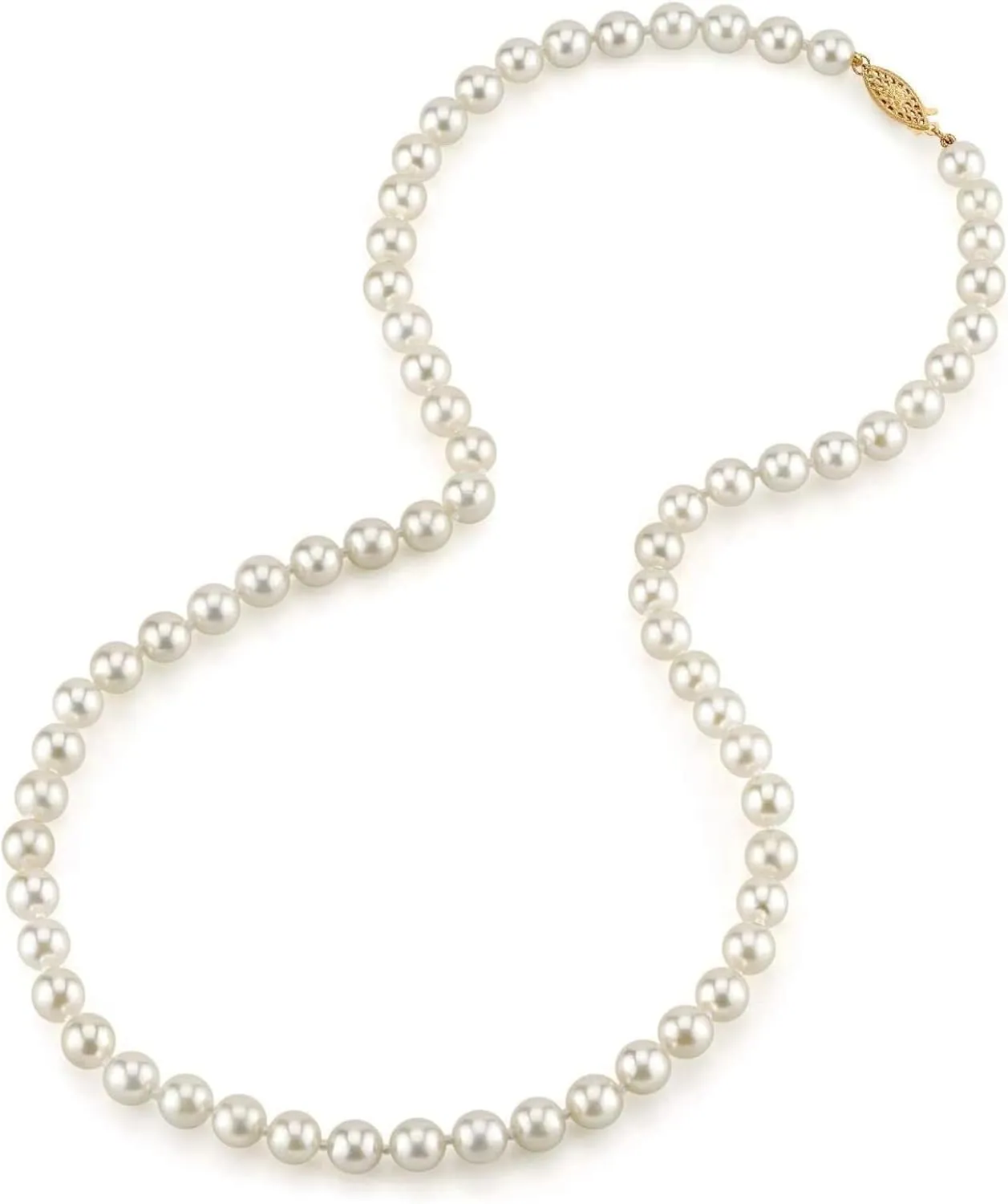 The Pearl Source 7.0-7.5mm White Akoya Japanese Pearl Necklace for Women - 14k Gold Pearl Strand Necklace | 18 inch Length Pearl Necklace with Genuine Cultured Pearls
