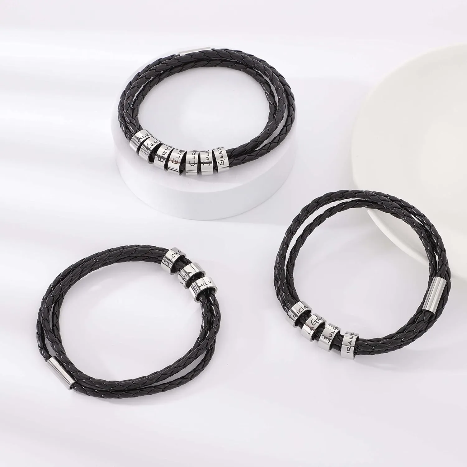 TinyName Custom Mens Bracelet with 2-7 Engraved Beads Personalized Black Braided Leather Bracelets for Men Customized Gifts for Dad/Father/Boyfriend