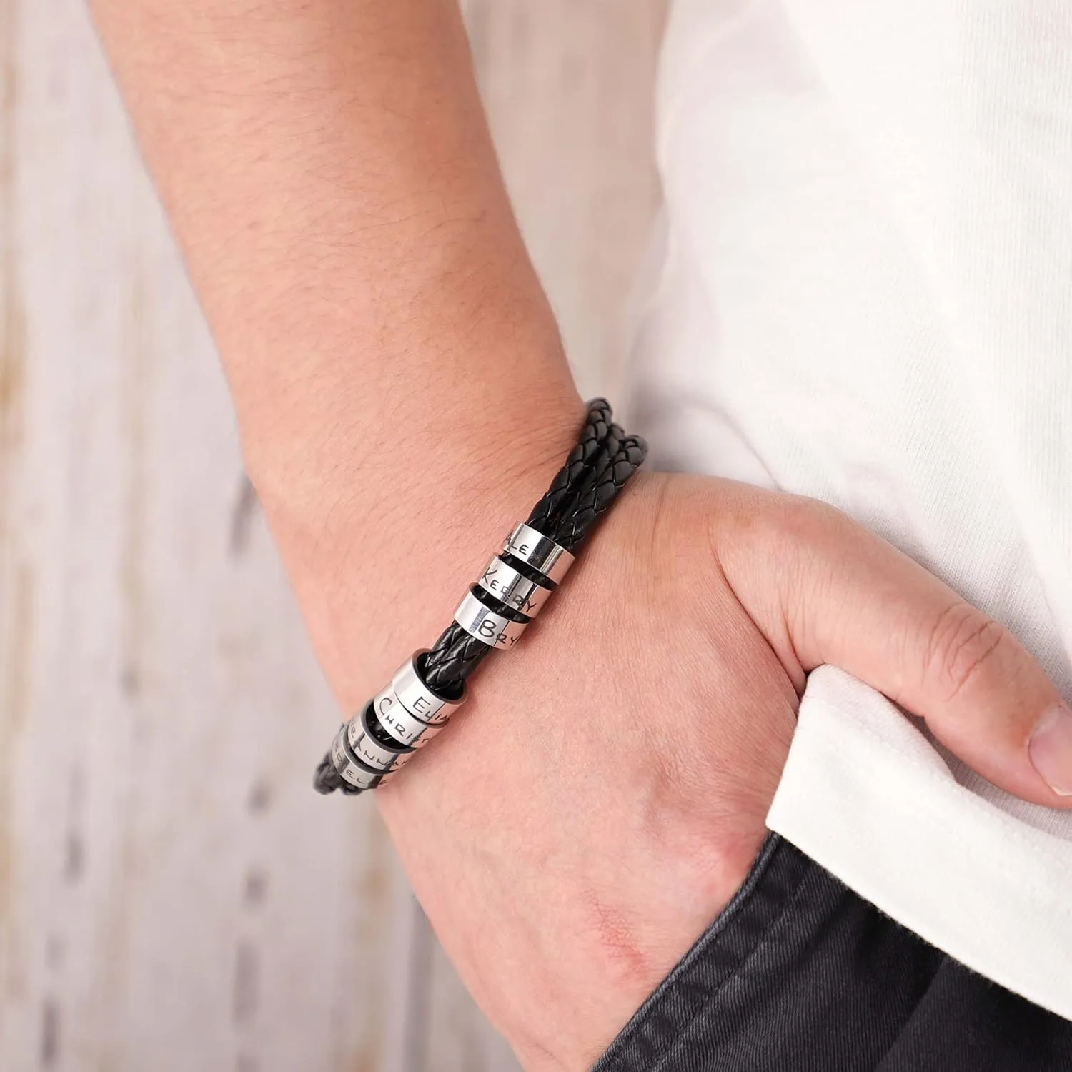 TinyName Custom Mens Bracelet with 2-7 Engraved Beads Personalized Black Braided Leather Bracelets for Men Customized Gifts for Dad/Father/Boyfriend