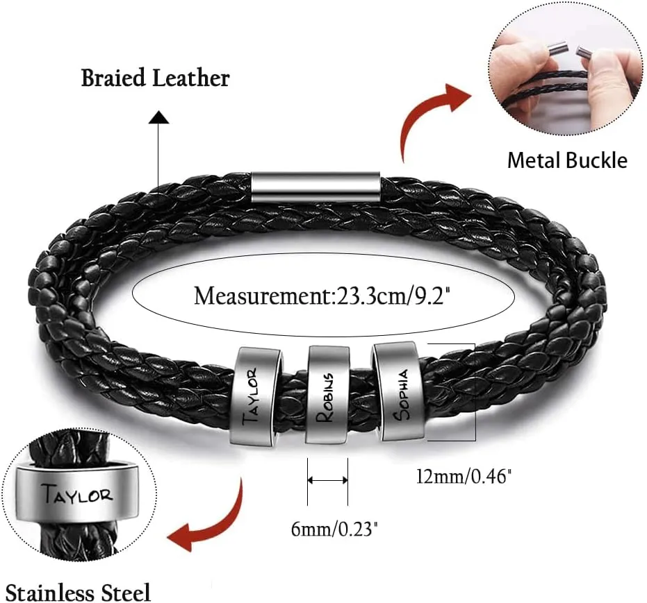 TinyName Custom Mens Bracelet with 2-7 Engraved Beads Personalized Black Braided Leather Bracelets for Men Customized Gifts for Dad/Father/Boyfriend