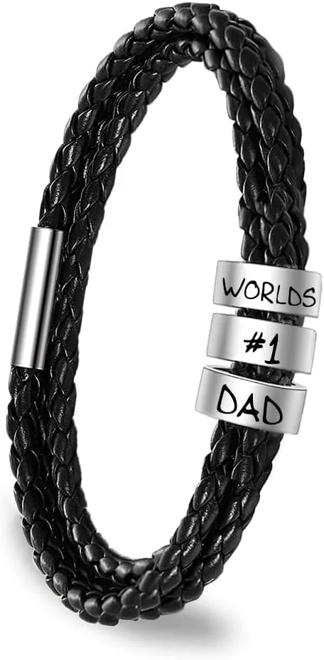 TinyName Custom Mens Bracelet with 2-7 Engraved Beads Personalized Black Braided Leather Bracelets for Men Customized Gifts for Dad/Father/Boyfriend