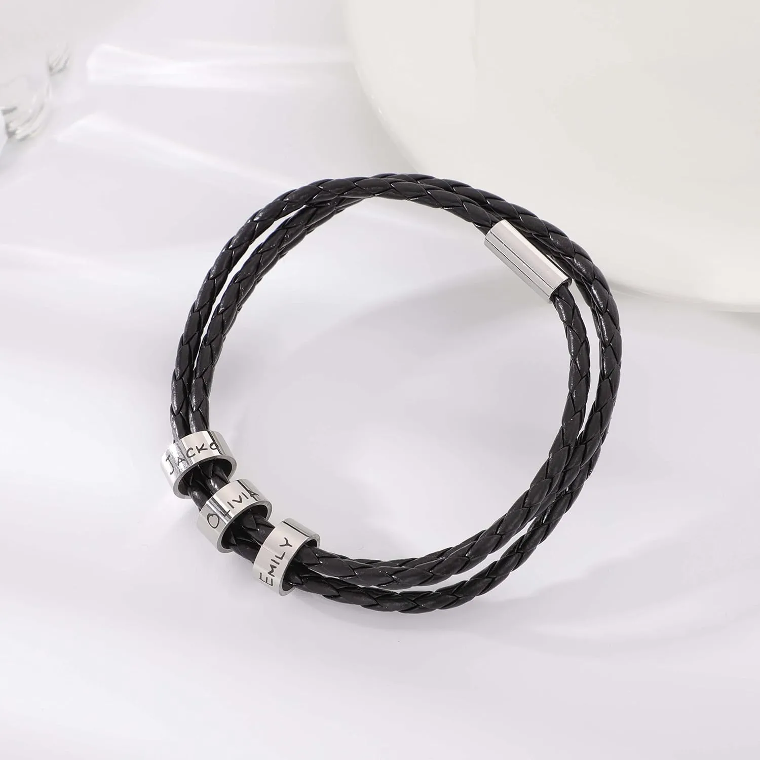 TinyName Custom Mens Bracelet with 2-7 Engraved Beads Personalized Black Braided Leather Bracelets for Men Customized Gifts for Dad/Father/Boyfriend