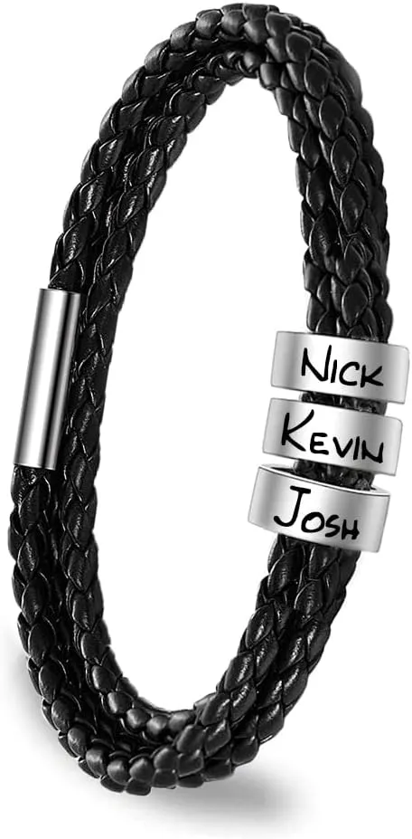 TinyName Custom Mens Bracelet with 2-7 Engraved Beads Personalized Black Braided Leather Bracelets for Men Customized Gifts for Dad/Father/Boyfriend