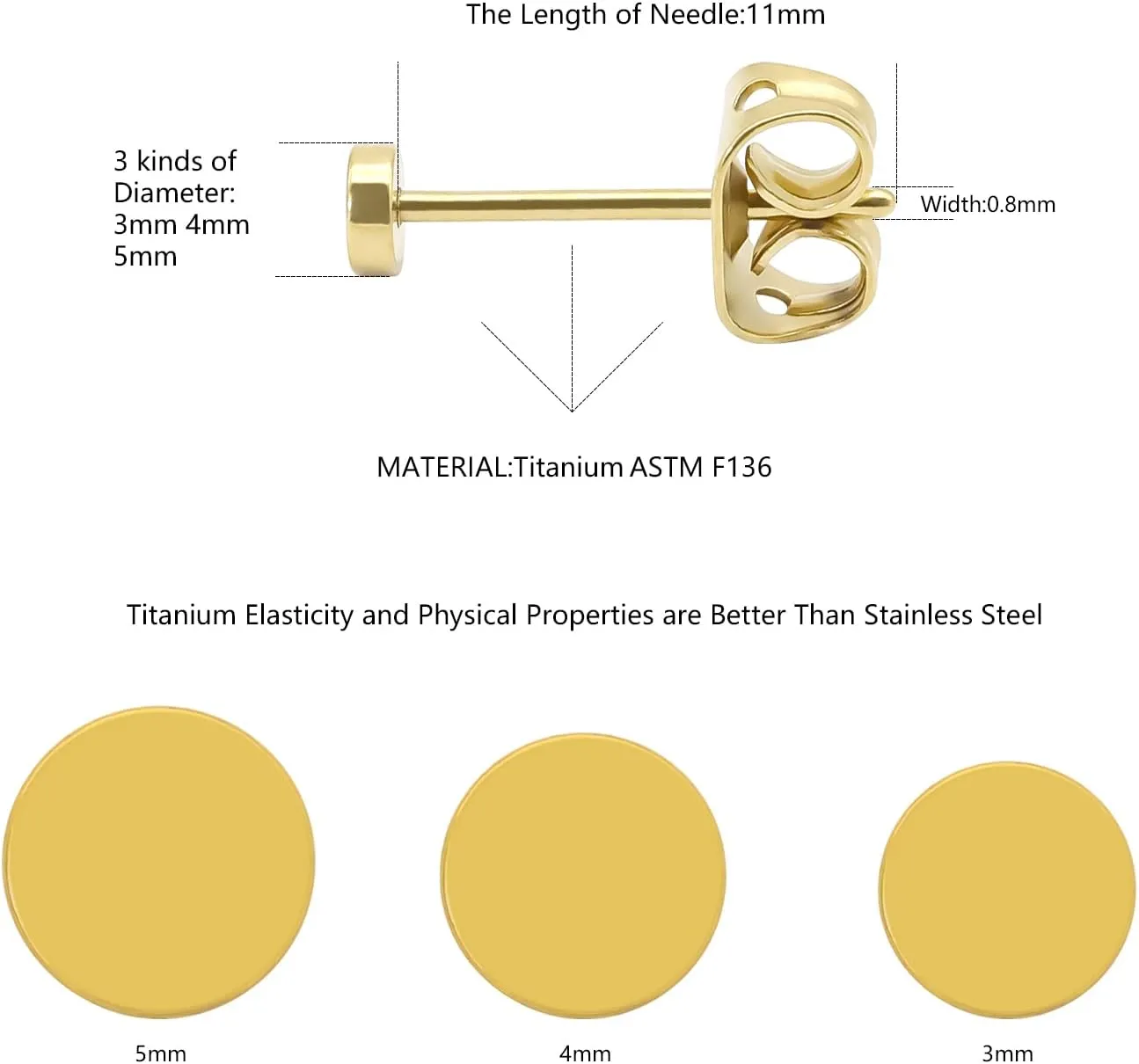 Titanium Flat Dot and Ball Stud Earrings Hypoallergenic for Women Men Rose Gold/Gold/Silver/Black Round Disc Earrings 3mm-6mm Options for Sensitive Ear(2pcs)