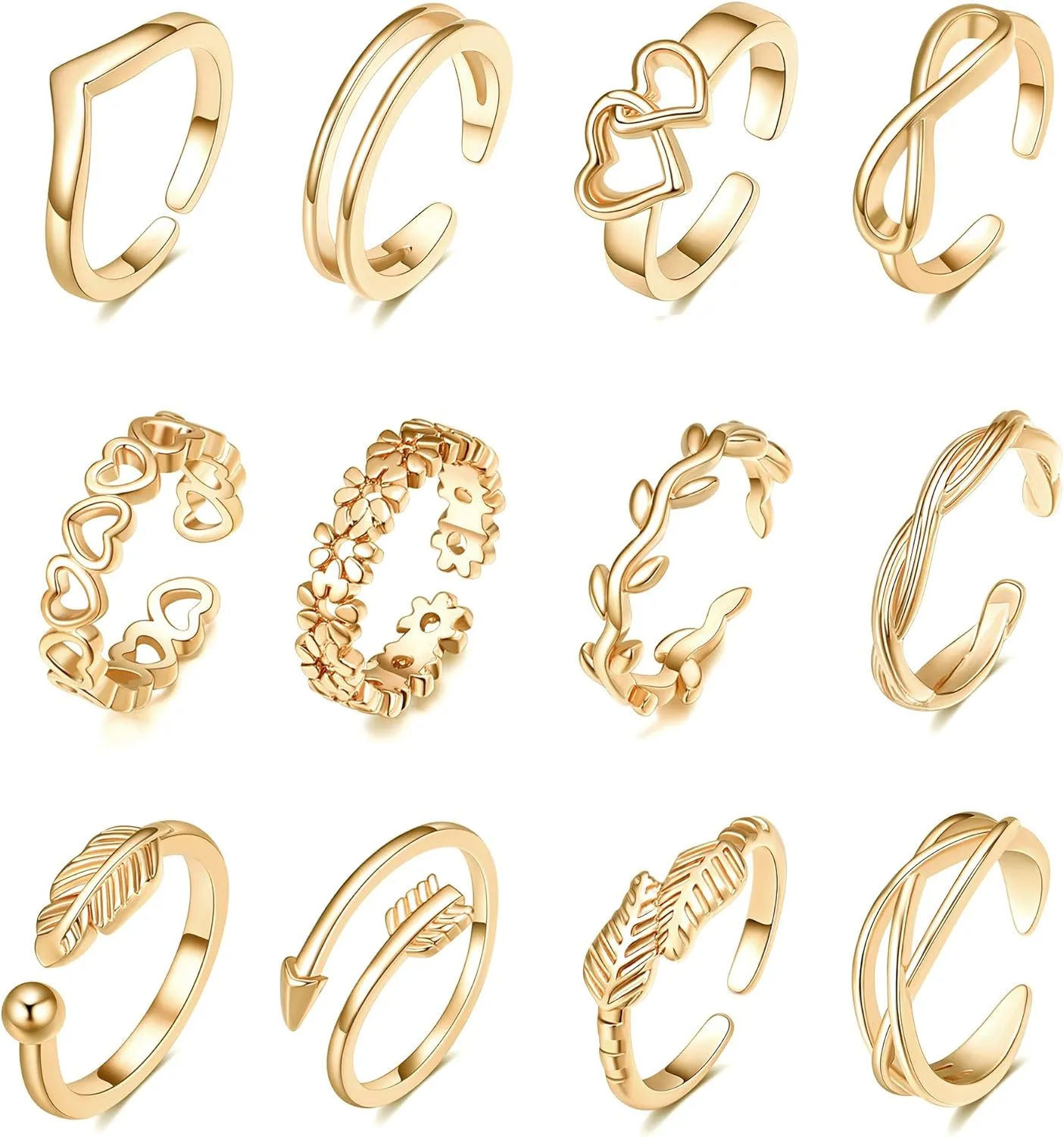 TOBENY 12PCS 14K Gold Plated Adjustable Toe Rings for Women Flower Arrow Band Open Tail Ring Women Beach Foot Jewelry Set