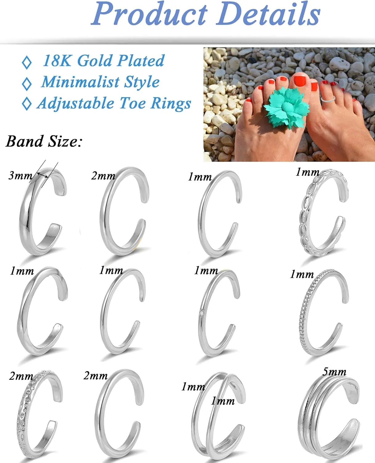 Tornito 12Pcs 18K Gold Filled Toe Rings Minimalist Thin Wire Cubic Zirconia Summer Beach Toe Rings Open Adjustable Foot Jewelry for Women Silver Gold Tone