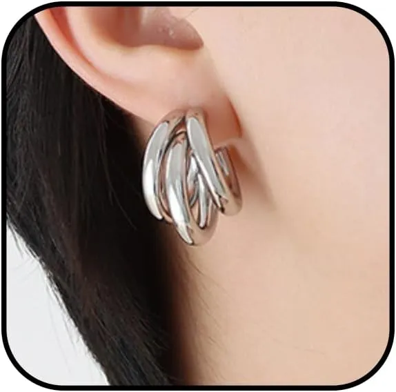 Triple Hoop Earrings For Women Open Huggies Earrings Geometric Shape Hoop Earring Twisted Layer Hoop Earring Multi Tube Hoop Earrings Simple Handmade Hypoallergenic Illusion Ear Jewelry