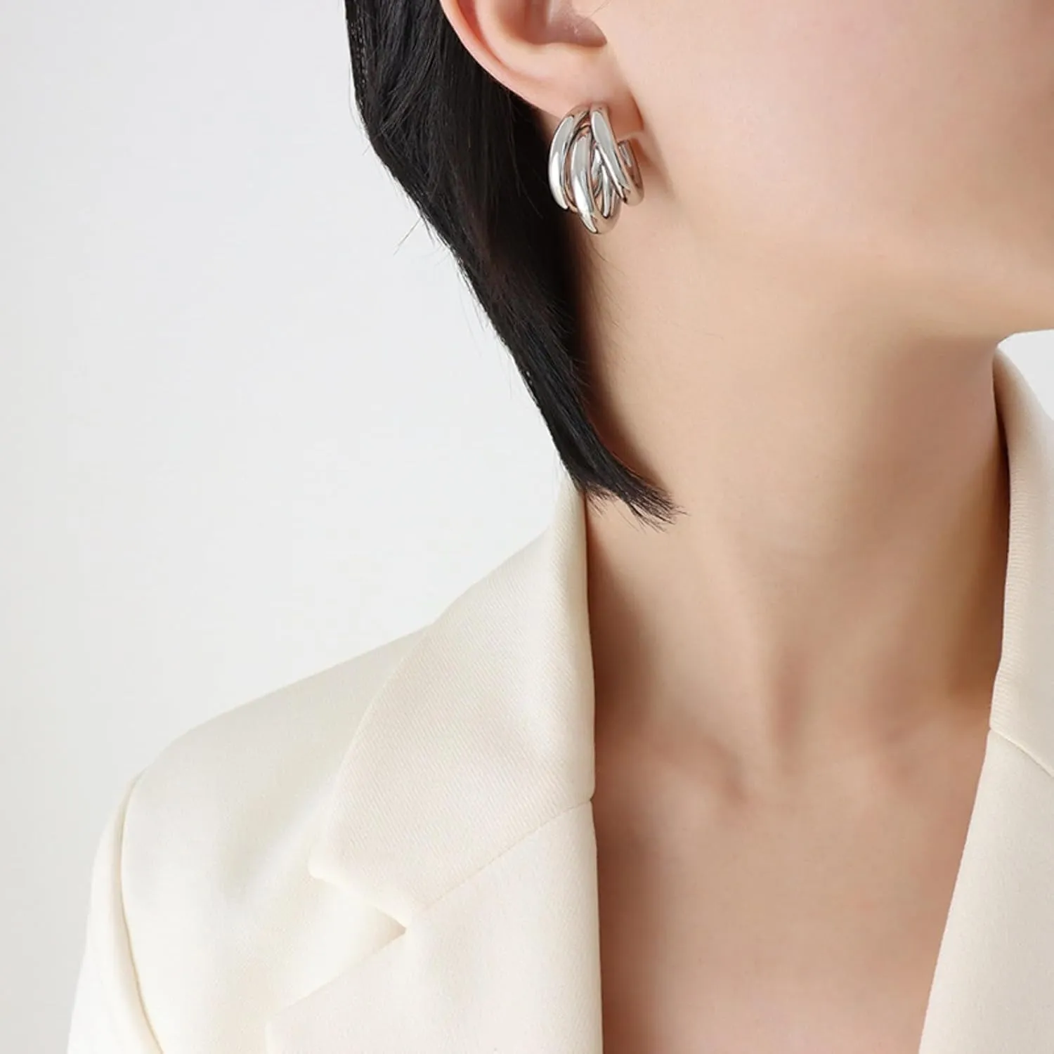 Triple Hoop Earrings For Women Open Huggies Earrings Geometric Shape Hoop Earring Twisted Layer Hoop Earring Multi Tube Hoop Earrings Simple Handmade Hypoallergenic Illusion Ear Jewelry