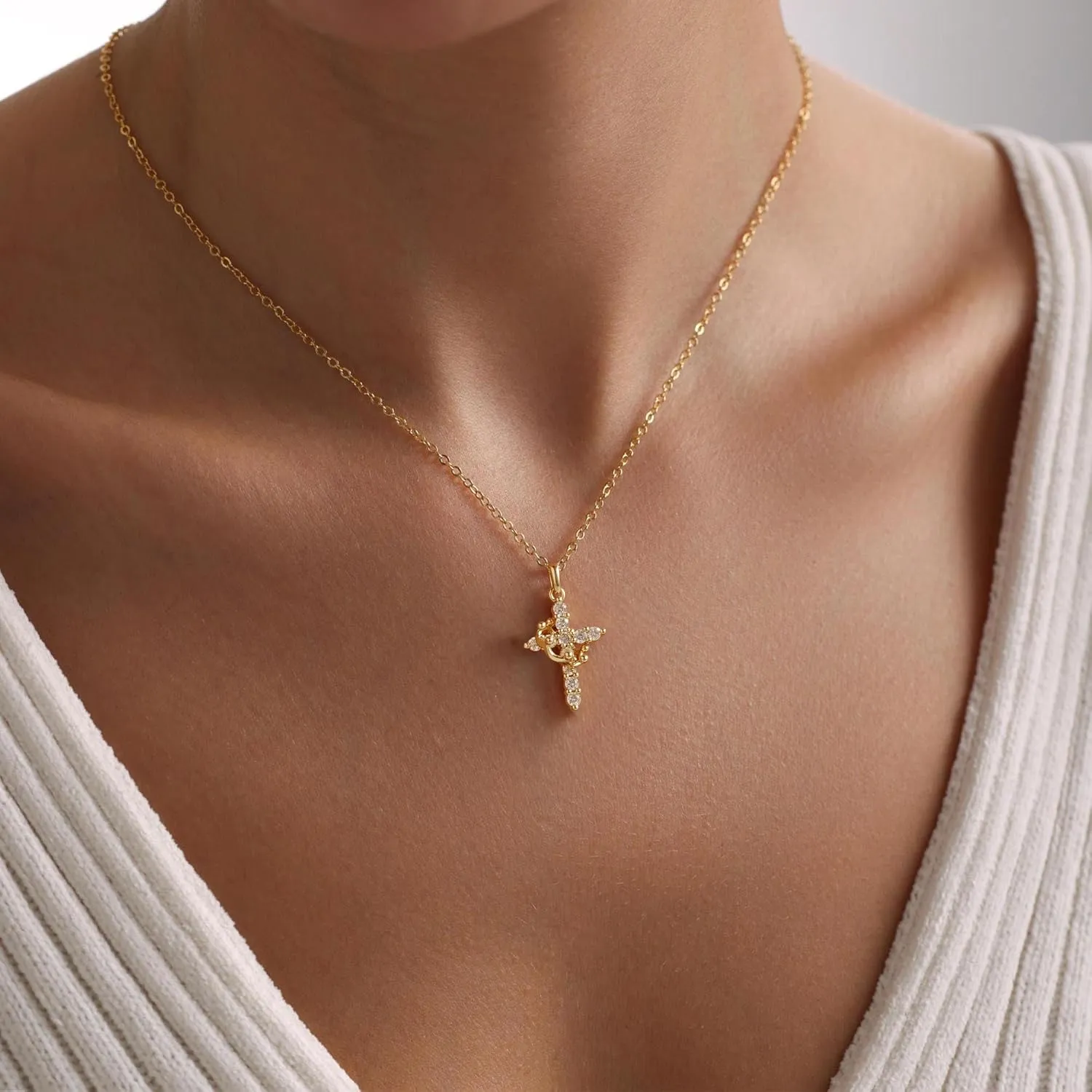 Turandoss Gold Cross Necklace for Women - Dainty 14K Gold Plated Crown Olive Leaf Circle Infinity Cross Pendant Necklaces Simple Diamond Necklaces for Women Faith Jewelry First Communion Necklace