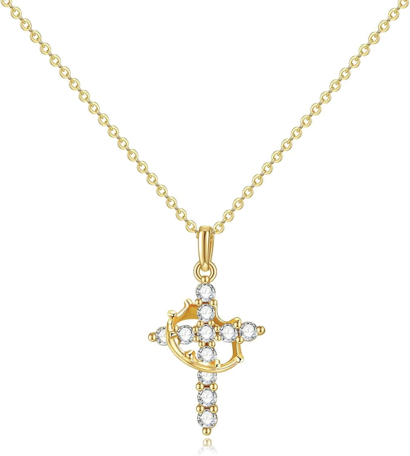 Turandoss Gold Cross Necklace for Women - Dainty 14K Gold Plated Crown Olive Leaf Circle Infinity Cross Pendant Necklaces Simple Diamond Necklaces for Women Faith Jewelry First Communion Necklace