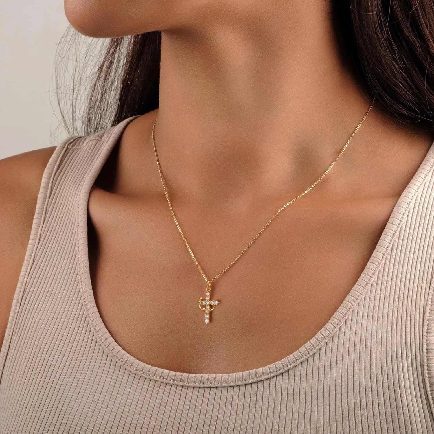 Turandoss Gold Cross Necklace for Women - Dainty 14K Gold Plated Crown Olive Leaf Circle Infinity Cross Pendant Necklaces Simple Diamond Necklaces for Women Faith Jewelry First Communion Necklace