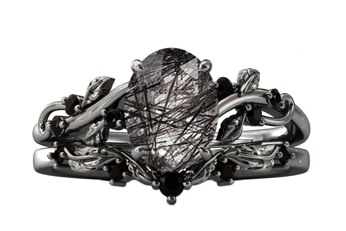 vintage black rutilated quartz engagement ring set art deco vine leaf design wedding ring set antique 2 pcs bridal ring set anniversary gift leaf sterling silver ring for women oval engagement ring